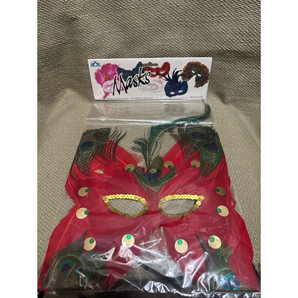 Vintage 1980's Mardi Gras Red Feather Mask Party Mask New Old Stock Retro